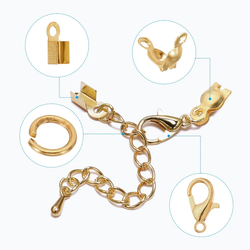 Lobster Clasp Open Jump Ring Fold Over Cord End Caps for Jewelry DIY, Light Gold Foto 3 de 4