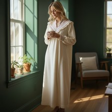 VTG Fleece Nightgown Housecoat Robe Zip Cream Beige Sz S 70s Fair Isle Smocked