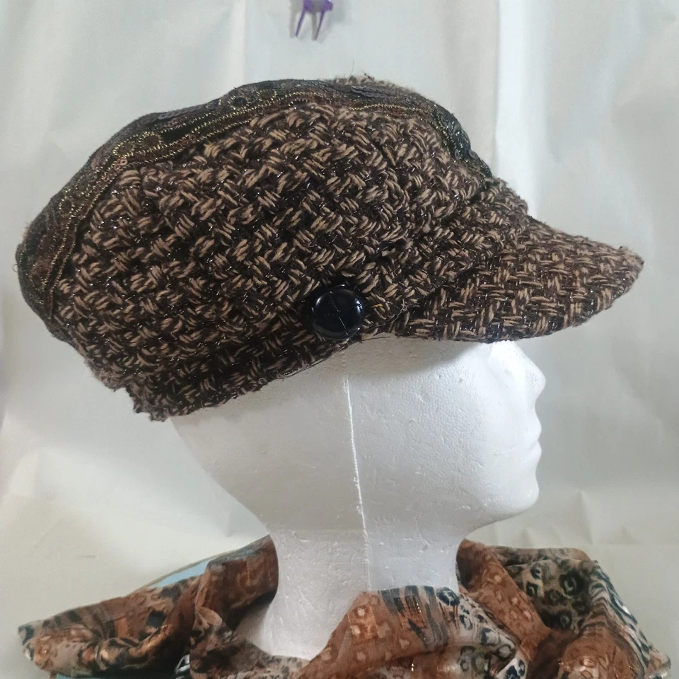 Винтажная волшебная женская шляпа таксист газетчик коричневый твид богемное шик вышитый акцент  - Изображение 4 из 4