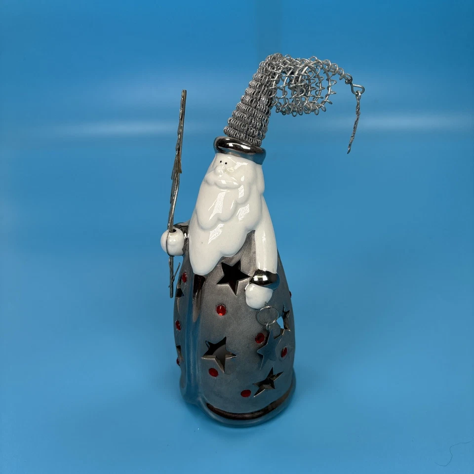 "Figura de Papá Noel de cerámica candelabro luz de té de Navidad 9"" de alto blanco y plateado" Foto 2 de 4