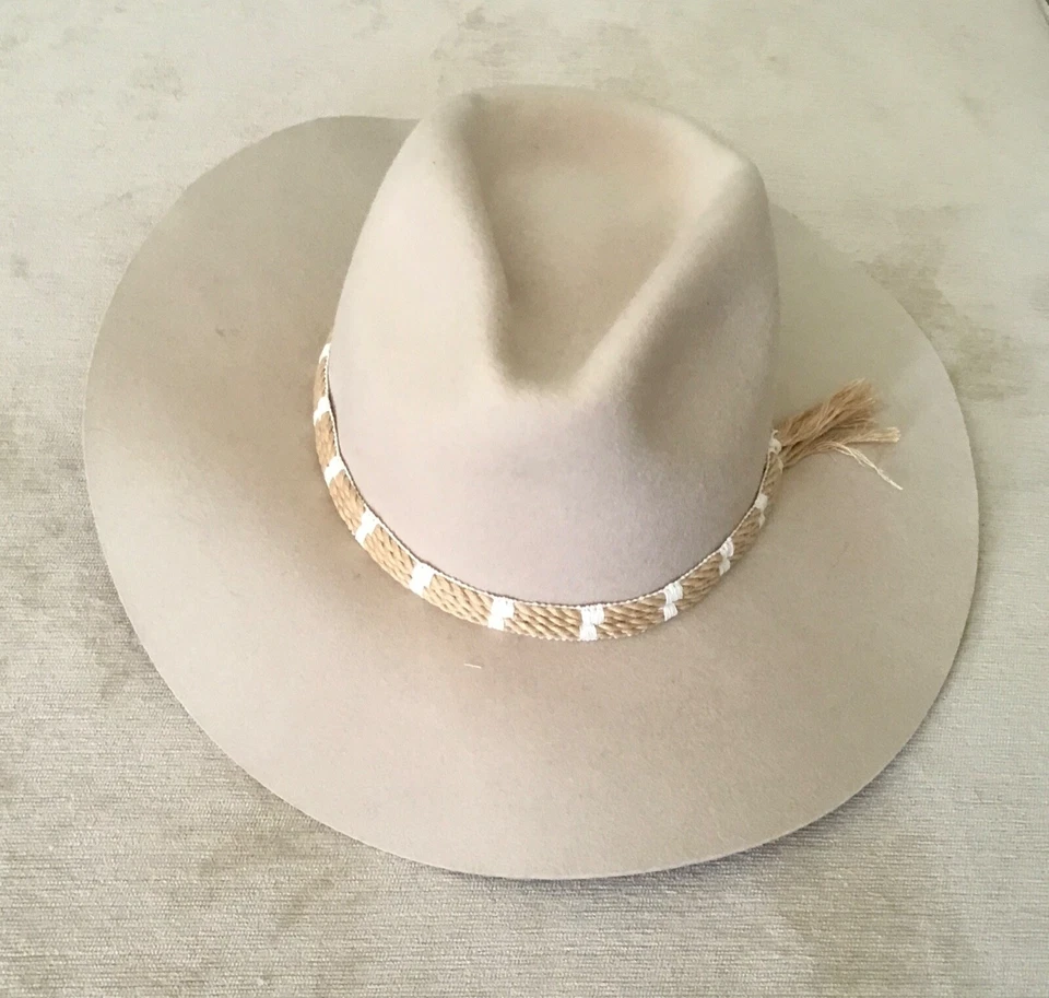 Anthropologie Riverside Trimmed Rancher 帽子羊毛毛毡灰褐色编织带 O/S 全新带标签 — 第 4/4 张图片