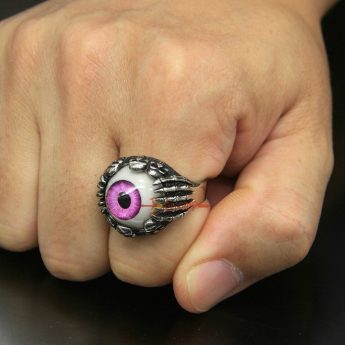 Men's Stainless Steel Gothic Skull Skeleton Claw Hand Evil Devil Eye Biker Ring - Picture 7 of 25