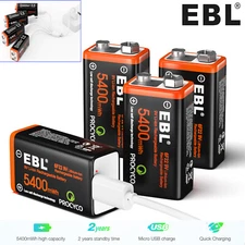EBL 4PCS 5400mWh 9 Volt USB Rechargeable 9V Lithium LI-ion Battery Batteries