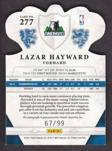 2011-12 Panini Preferred Basketball #277 Lazar Hayward 67/99 AUTO - Picture 2 of 2
