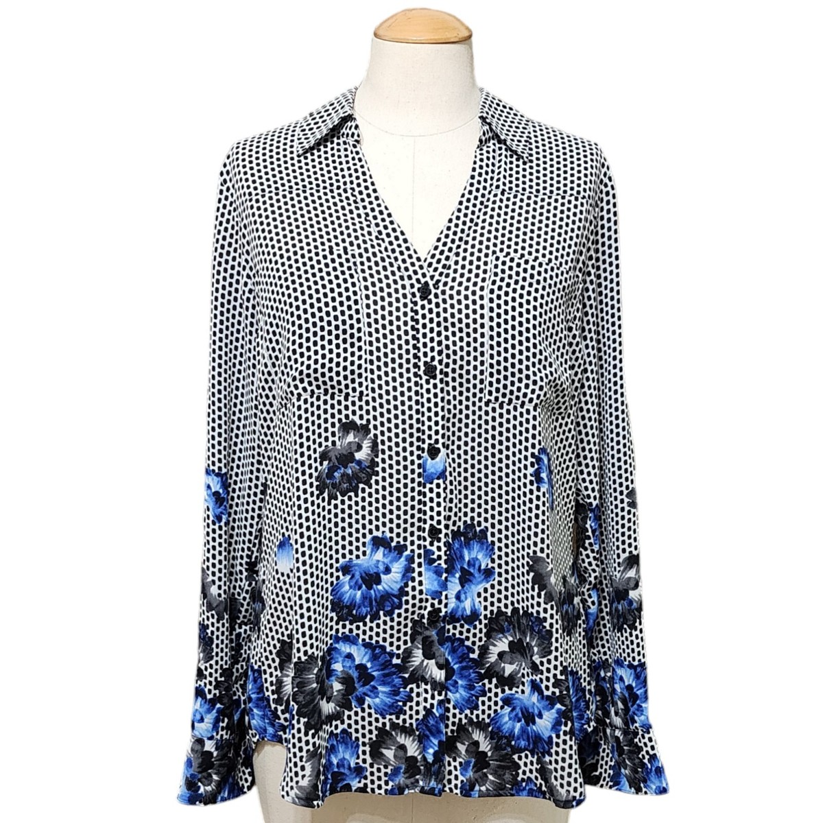 Express Portofino Shirt Long Sleeve Black White Blue Floral V Neck