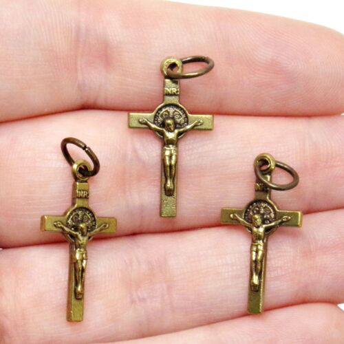 Lot of 3 Bronze Tone St Benedict Crucifix Medals for Rosary Parts 7/8 Inch - Picture 1 of 6