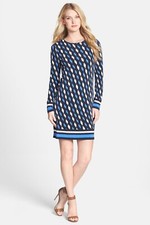 Michael Kors 'Loom' Border Blue Print Shift Dress, Petite XS PP