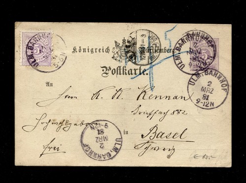 Württ. Ulm Bahnhof Per Basel 1881 (EB-17) Original Stamp