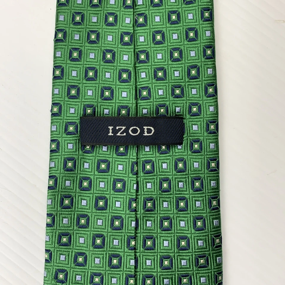 Corbata Jacquard Seda IZOD Para Hombre 3 7/8" x 59" Verde Azul Marino Geométrica Iglesia Pascua Foto 4 de 4