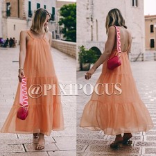 ZARA NEW WOMAN VOLUMINOUS RUFFLED MIDI DRESS FLOWY STRAPPY ORANGE MED 7385/132 