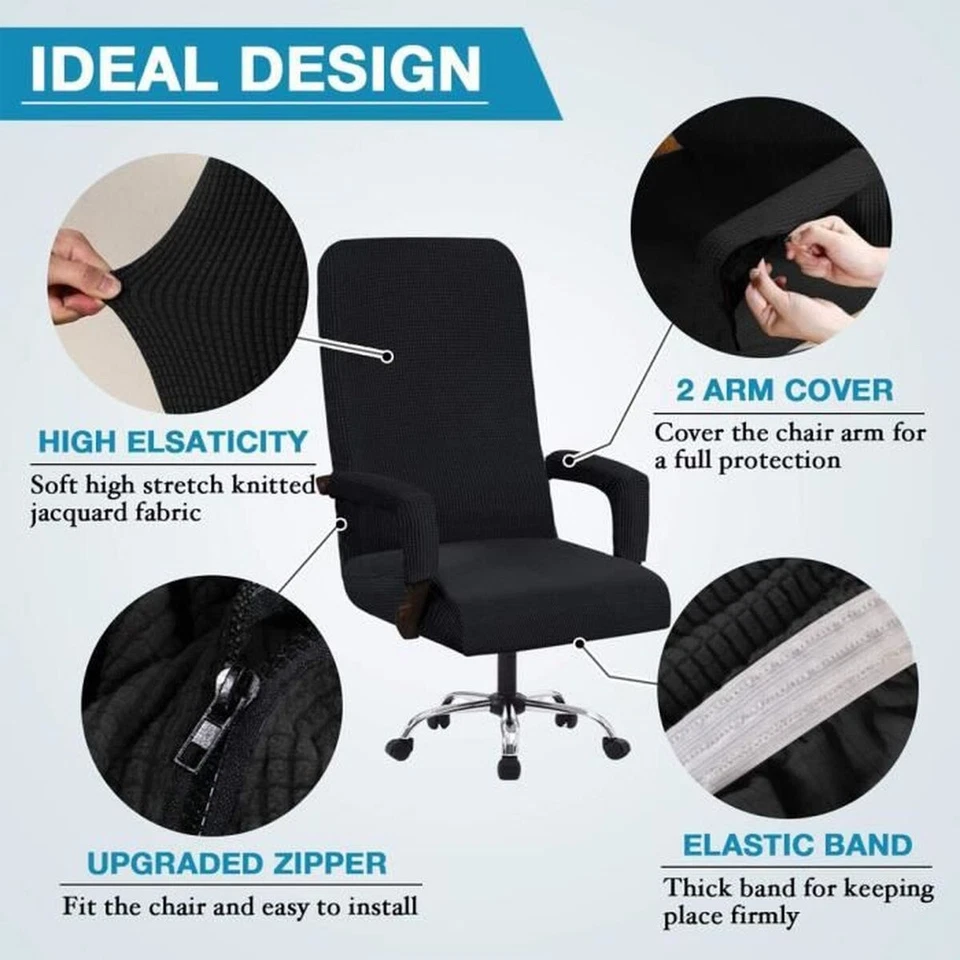 Housse de chaise de bureau Fauteuil avec accoudoir extensible jacquard noir - Photo 3/4