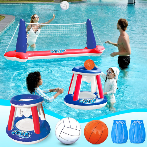 Inflatable Pool Float Set, Volleyball Net, Basketball Hoops, Swimming Game Toy - Picture 12 of 18