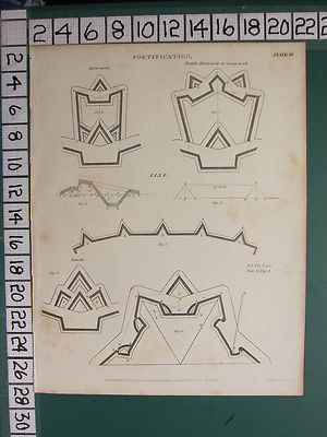 1813 DATIERTER ANTIKER DRUCK ~ BEFESTIGUNG ~ HORN & DOPPELHORNARBEIT KRONE ~ LINIE