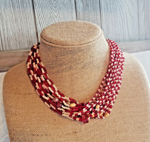 African- South Africa -Handmade 2 Tone Beaded Choker Necklace- 18"- Red/ Pearl - Afbeelding 1 van 3