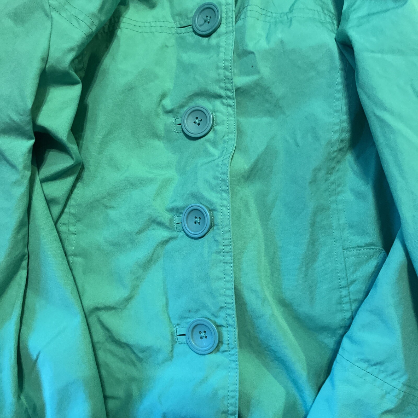 LL Bean Raincoat Womens MED Green PVC Buttons Hooded Lightweight Jacket