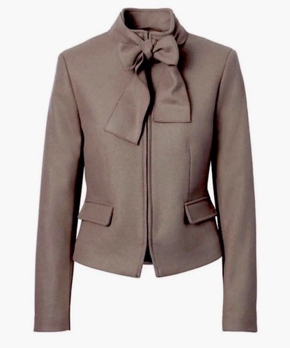 Banana Republic x Mario Bellucci Blazer Women Size 8 Wool Blend Taupe Tie Neck - Picture 3 of 9