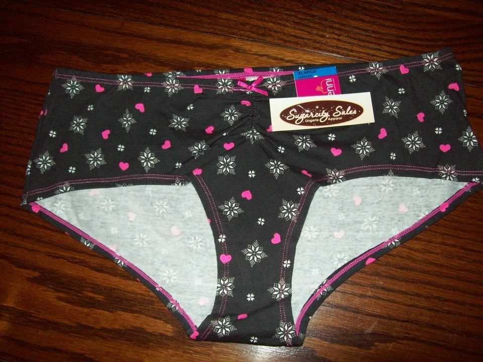 NWT JENNI COTTON SPANDEX BOYSHORT HIPSTER PANTIES SNOWFLAKE HEART PRNT BLK XS XL - Image 2 of 4