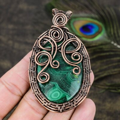 Malachite Gemstone Copper Wire Wrap Jewelry Pendant Gift