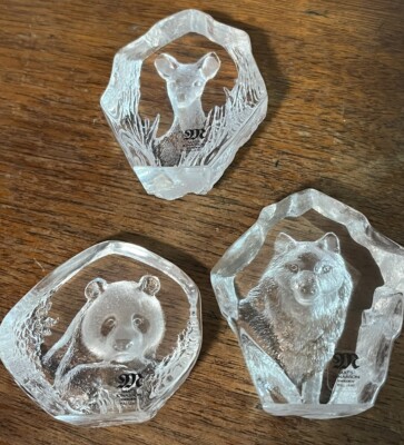 Mats Jonasson  ~ Set of three Crystal Art Glass Bear Deer Wolf Small