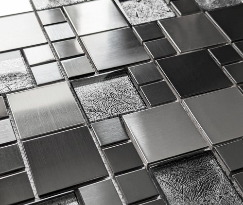 Black Silver Grey Foil Glass Brushed Steel Metal Square Mosaic Wall Tile 8mm - Picture 2 of 6
