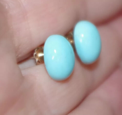 14K Sleeping Beauty Turkish Turquoise Quality 9x7 MM Oval Stud Earrings - Picture 7 of 16