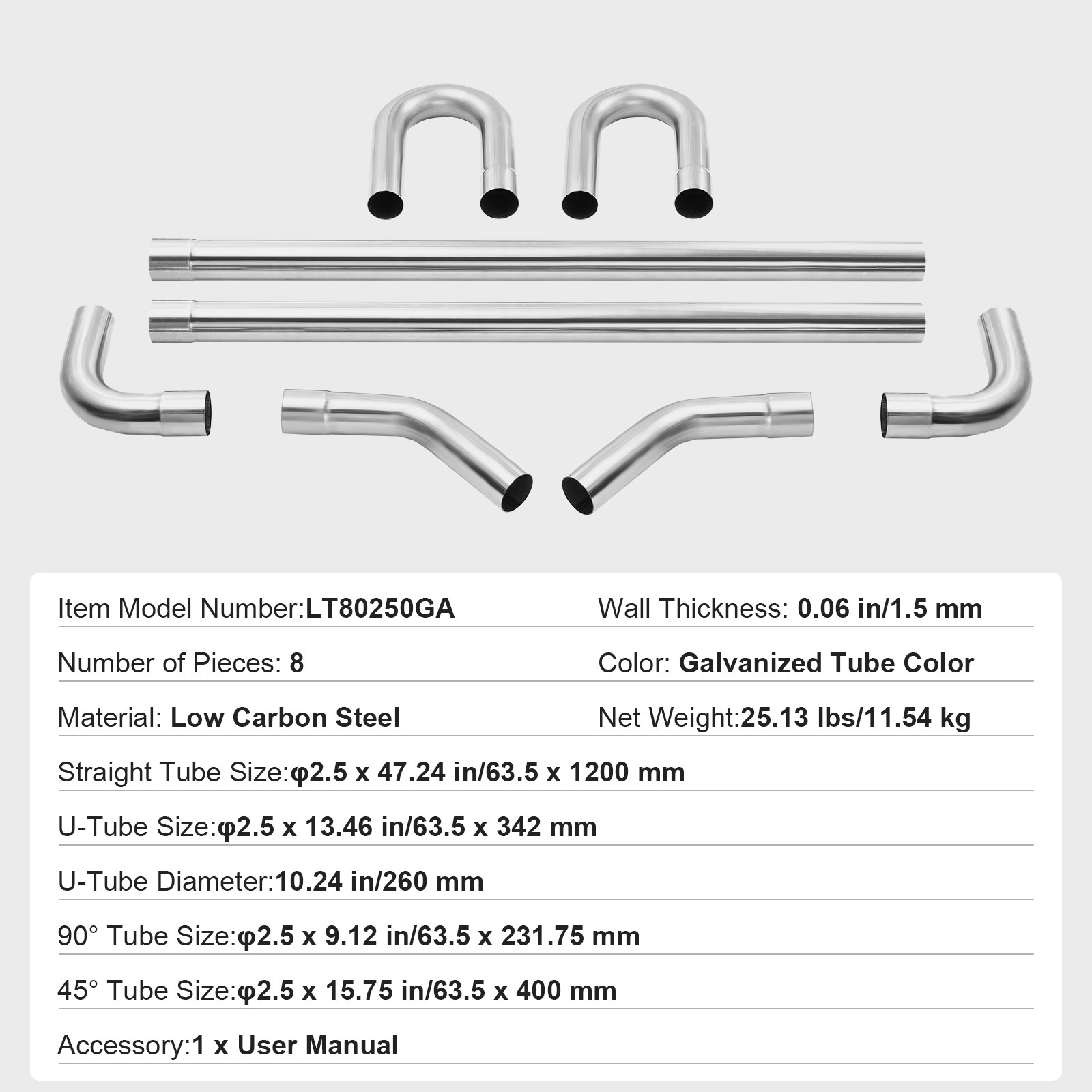 8pcs 2.5" OD Exhaust Tubing Pipe kit Mid-steel Mandrel 90° Straight U Bend Set