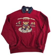 Vintage Bear Collector Red Collared Sweatshirt Women's Size Medium Cozy Graphic