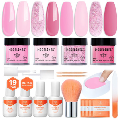 Dip Powder Nail Kit, 4 Colors Valentine'S Day Pink Glitter Dipping Starter Set w