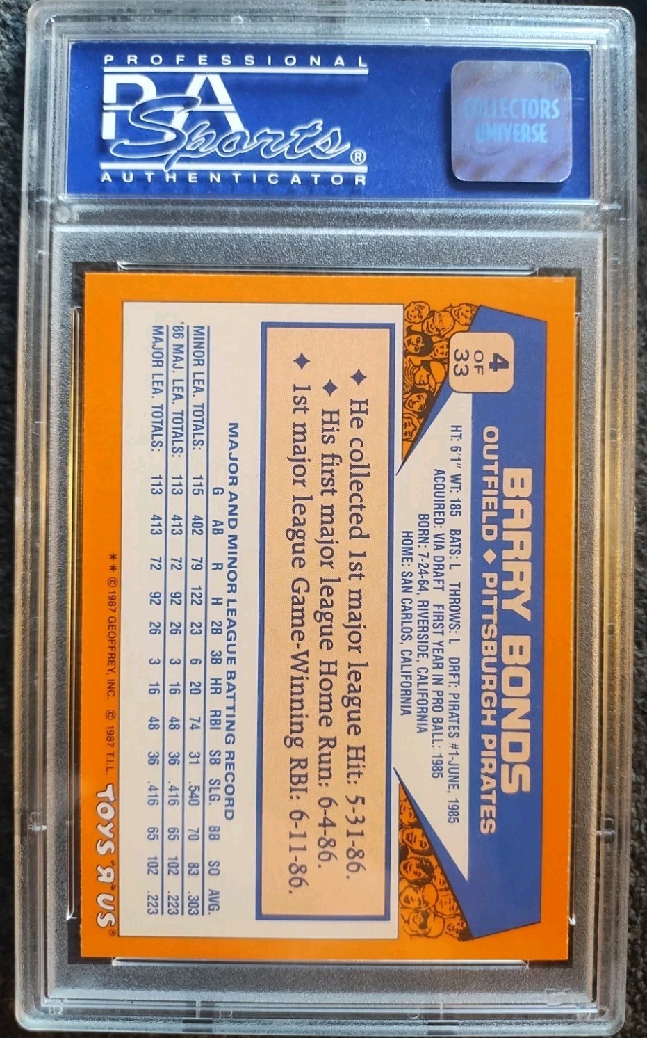 Barry Bonds 1987 Toys R Us #4 RC ROOKIE PSA 9  view 2