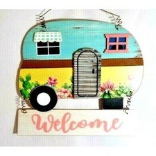 Welcome Retro Trailer Hanging Plaque Cactus Flowers Rustic Vacation Art Gift NEW