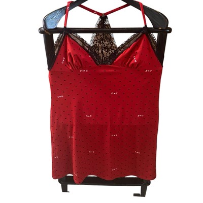 Y2K Red Slip Dress Black Lace Hearts Secret Treasures Med Coquette Lingeriecore
