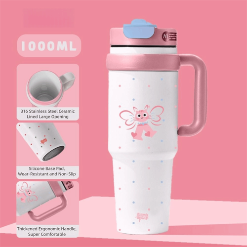 with Handle and lids Vacuum Tumbler Cartoon Direct Drinking Cup Travel - Photo 5/17