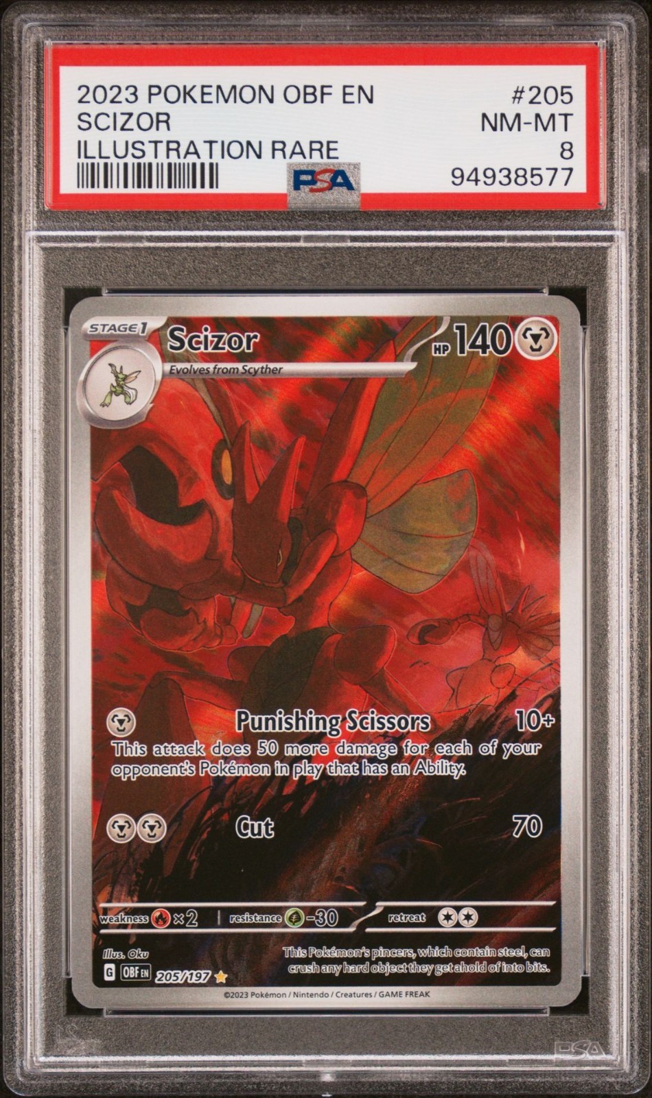 Scizor Illustration Rare #205/197 SV03: Obsidian Flames Holo PSA 8