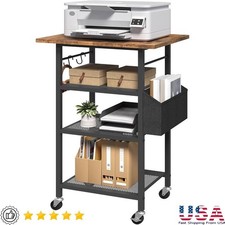 4-Tier Printer Cart Rolling Metal Stand W/ Storage Shelves Hooks Office Use
