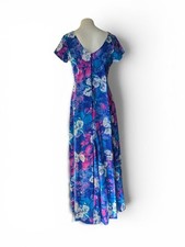 Vintage Made in Hawaii Cotton Maxi Dress Size 8 Floral Tropical Orchid Blue Pink