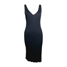 Vintage Donna Karan Rib Knit V Neck Bodycon Midi Dress Black Minimalist L