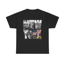 New York Skyline Graphic T Shirt American Flag Unisex Heavy Cotton Tee