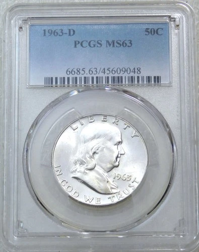 1963 D Franklin Half Dollar PCGS MS63 90% FBL Frosty New Holder #P275D