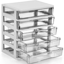 DEAYOU 5 Drawer Desktop Storage Bin Unit, Small Plastic Drawers Organizer, White