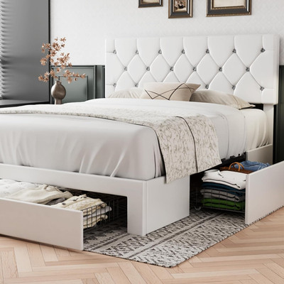 Queen Bed Frame with 3 Storage Drawers & Diamond Tufted Headboard