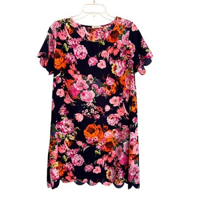 12PM by Mon Ami Navy Floral Scalloped Hem Shift Mini Dress Womens Large