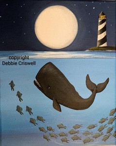 ORIGINAL PAINTING Folk Art Whimsical Whale Nantucket Moon Lighthouse Cape Cod