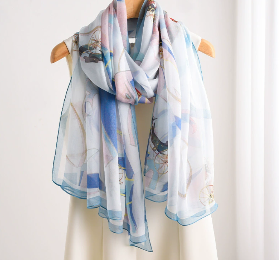 100% Silk Mulberry Scarf 178x110cm Blue Chain Print Bandana Shawl