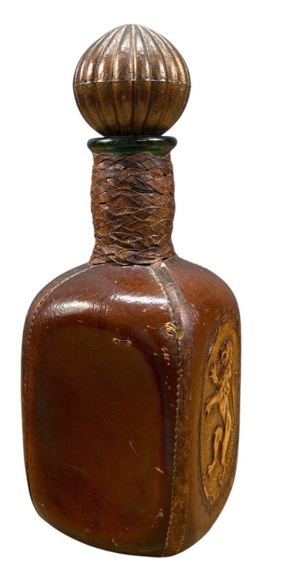 Vintage Italian Leather Wrapped Decanter Liquor Bottle with Lion 