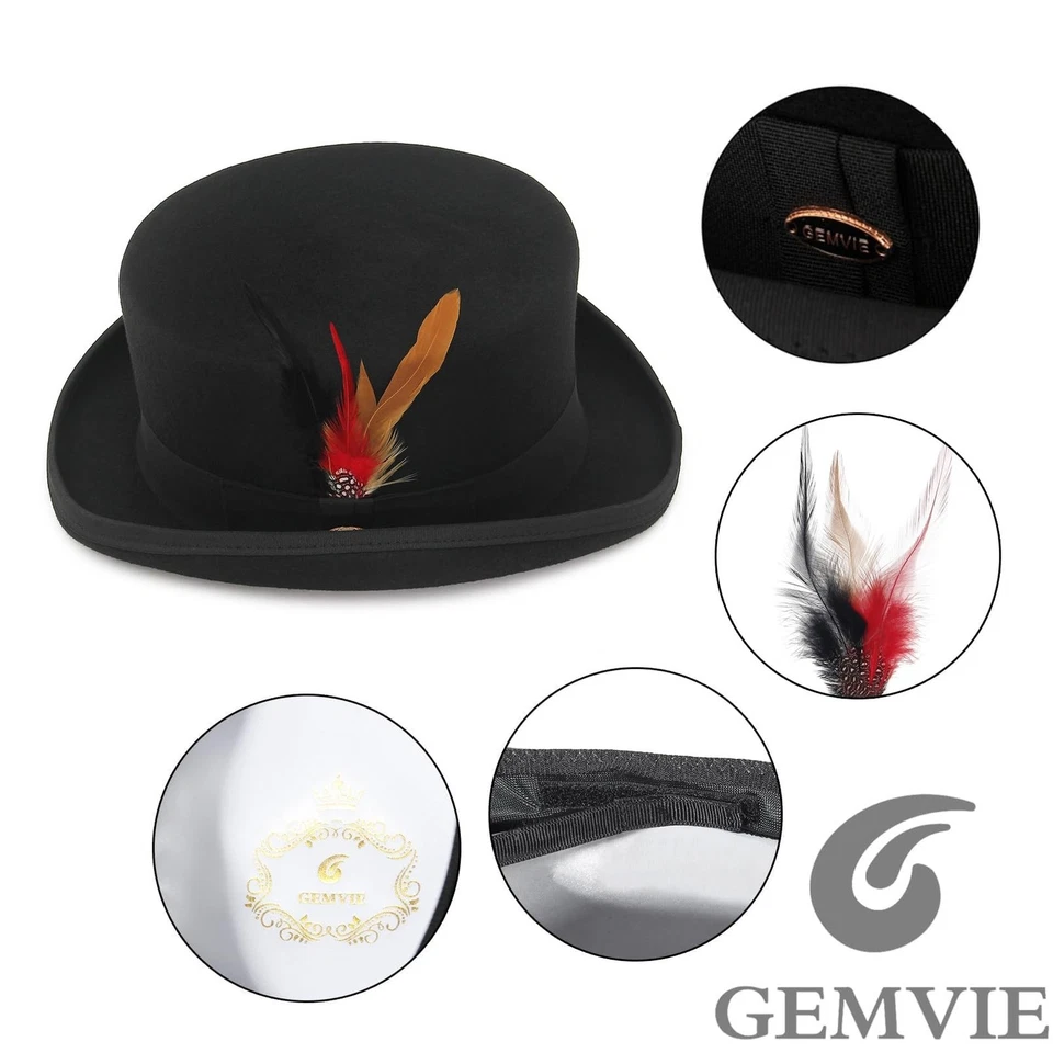 GEMVIE Hombres 100% Lana Sombrero de Top Sombrerero Loco Satinado Forrado Negro Sombreros de Parte Superior Baja para Pa... Foto 4 de 4
