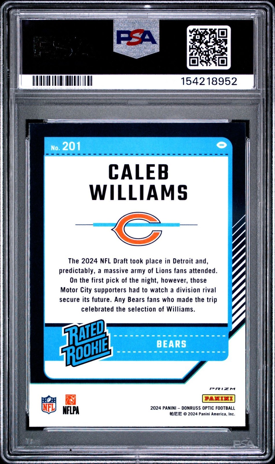 2024 Donruss Optic Caleb Williams Rated Rookie Purple Shock Prizm PSA 9 Mint view 2