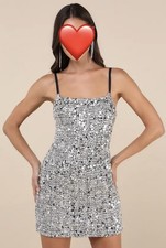 Lulus Women's Mini Sequined Dress Sz M Silver  Party / Prom /Cocktail / Formal