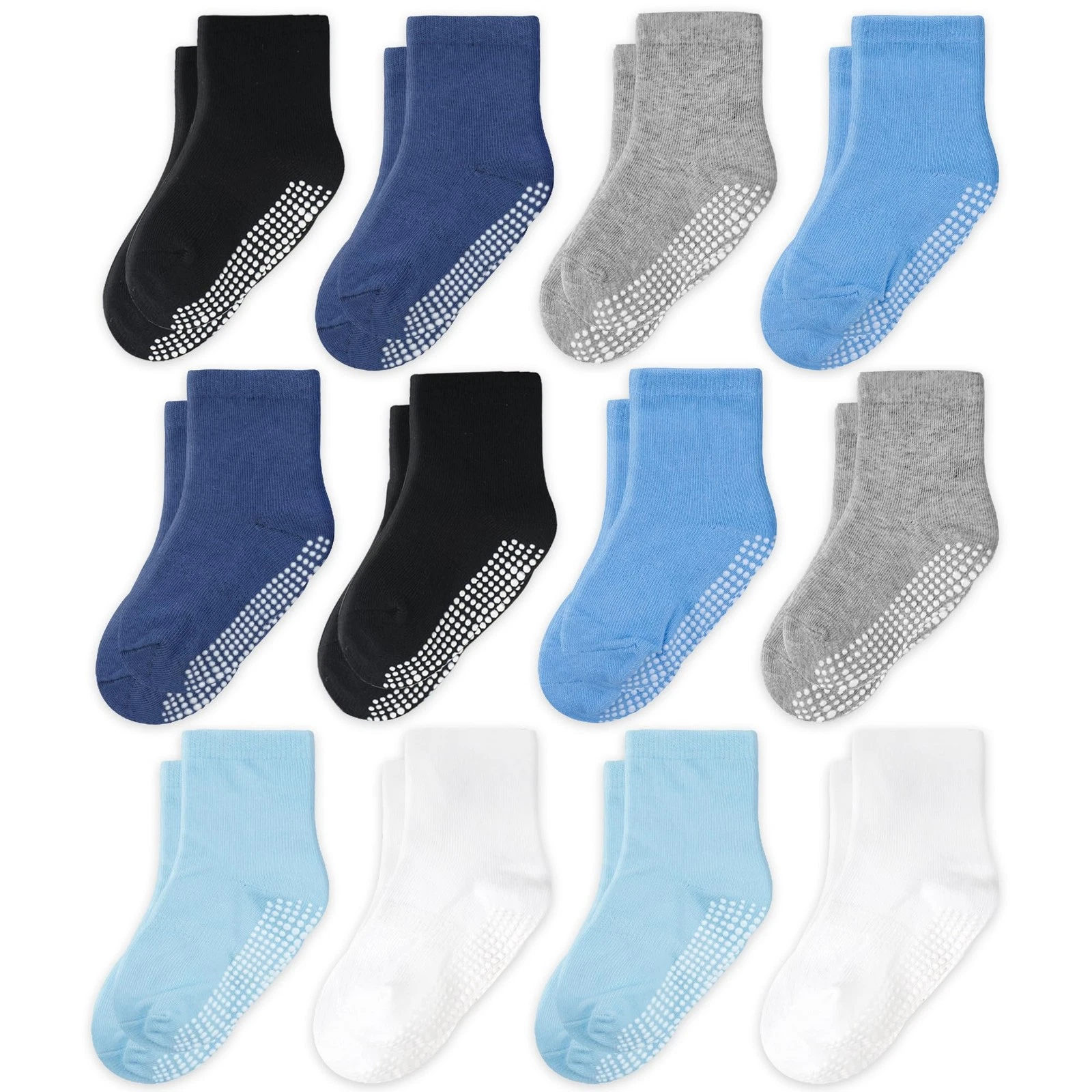 CozyWay Toddler Socks With Grippers Non Slip Crew - 3-5T, Blue White Gray