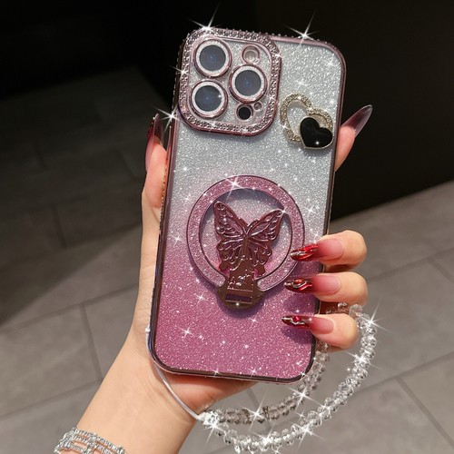 For Samsung iPhone Case Diamond Magnetic Butterfly Holder Chain Girl Flash Cover - Picture 5 of 25