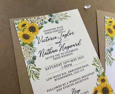 2er Pack, SONNENBLUMEN Gänseblümchen Hochzeit EINLADUNGEN Eukalyptus Laub Karte rustikal